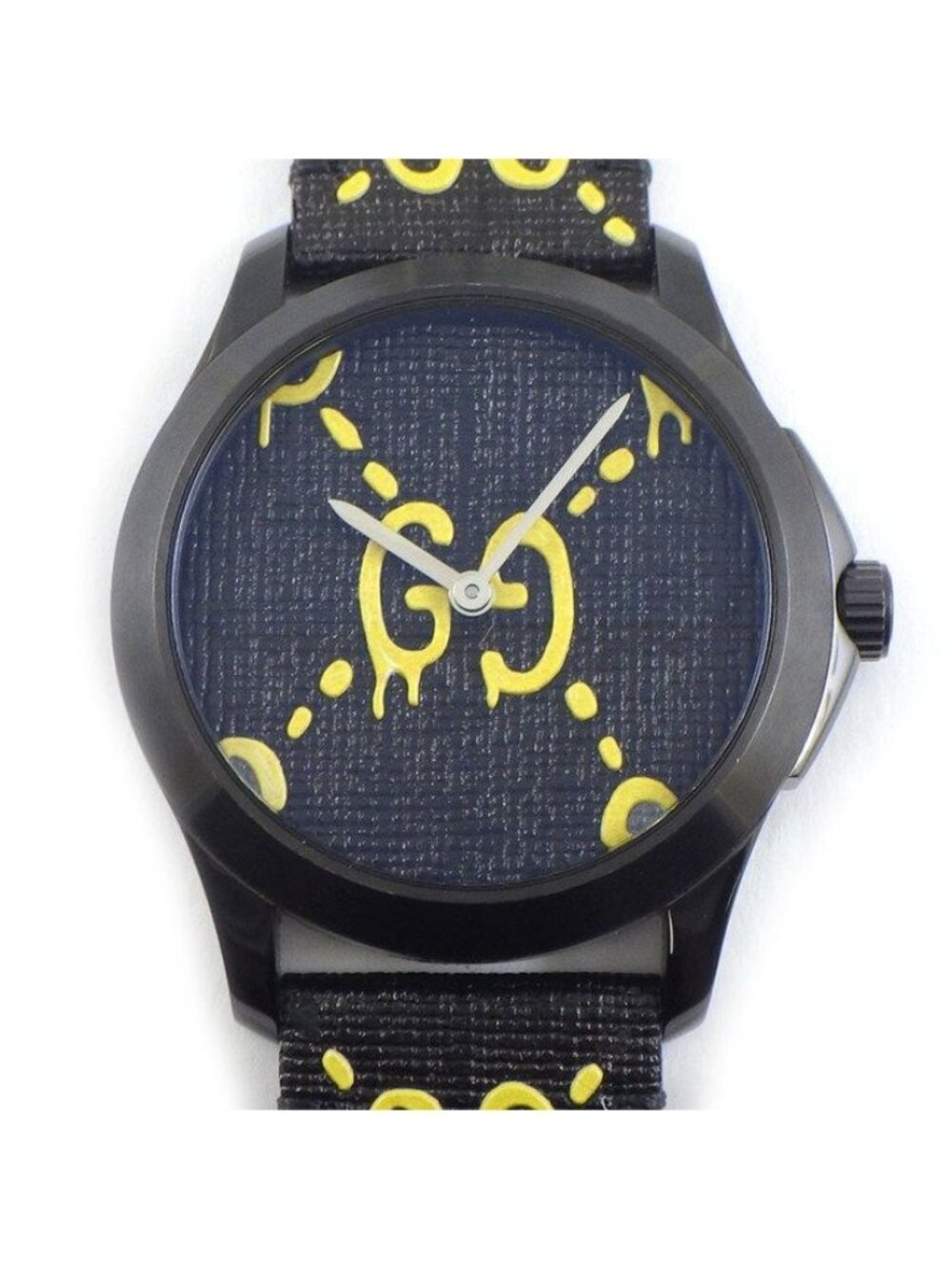 Gucci Watch Timeless Ghost 126.4 Black Yellow Dial GG Leather SS Quartz Analog